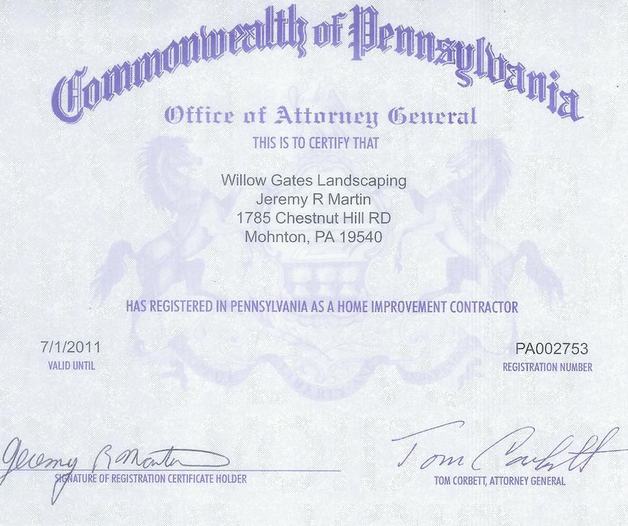 Willow Gates PA Contractor License from Willow Gates Landscaping & Pavers in Mohnton, PA 19540